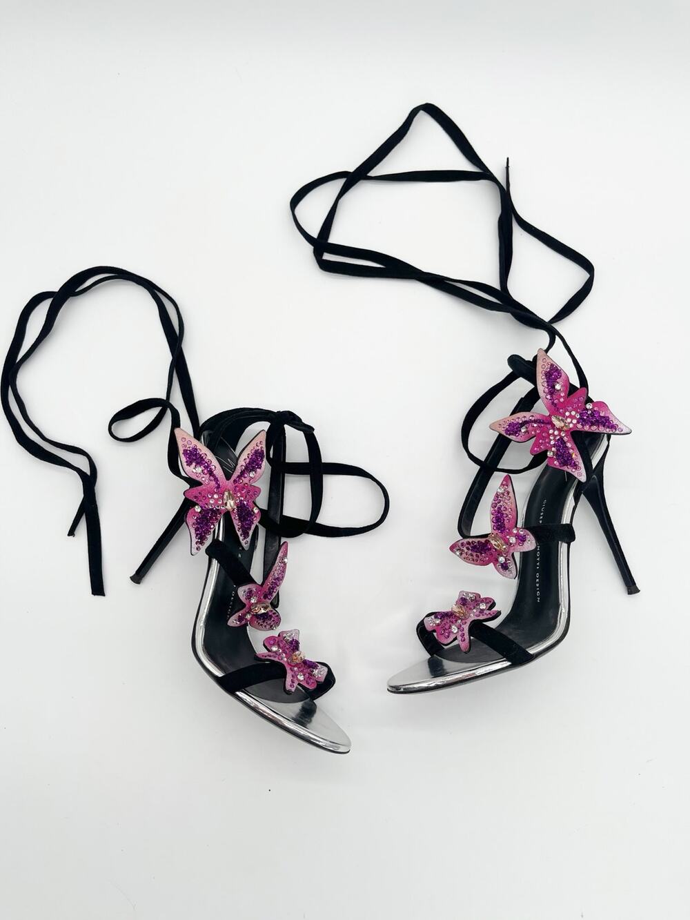 Giuseppe Zanotti Estelle Black Suede Butterfly Crystal Lace Up Sandals IT 40 - Picture 1 of 11